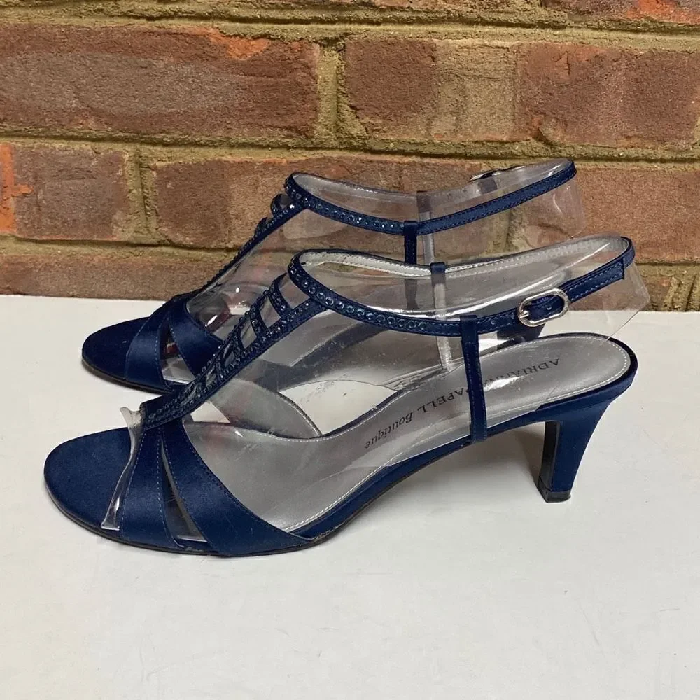 Adrianna Papell Boutique Navy Classic Satin Rhinestone Beaded Heels Size 9.5